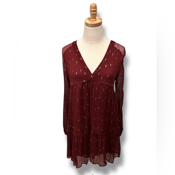 Sezane Stella Long Sleeve Silk-feel Boho Metallic Speckled Mini Dress Brick Red - Picture 5 of 13